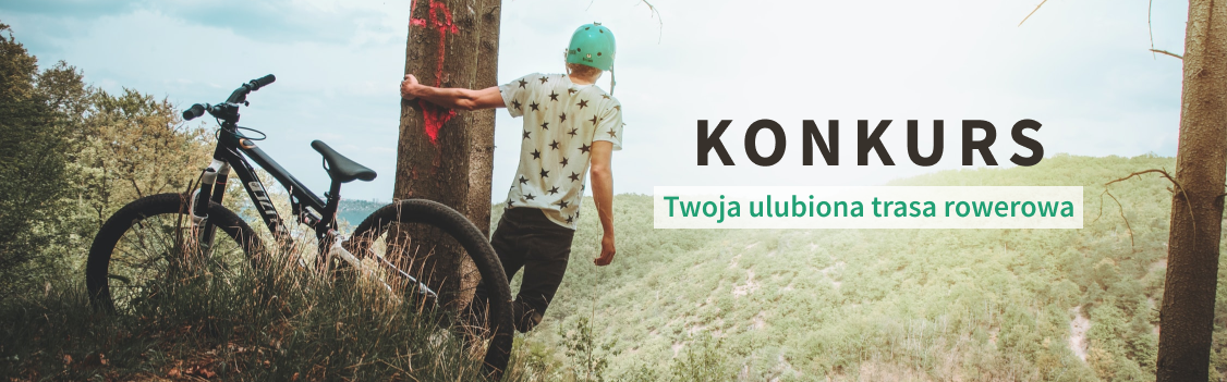 Plakat: kolarz i rower, napis: Konkurs "twoja ulubiona trasa rowerowa"