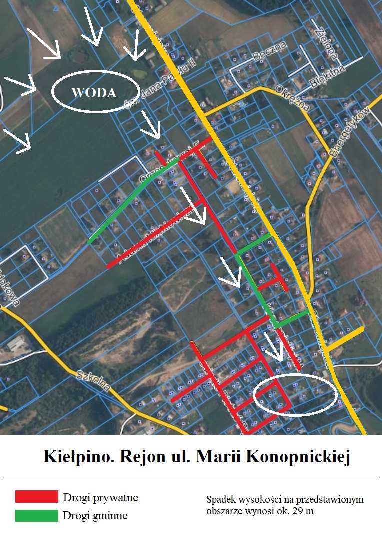 Mapa fragmentu Kiełpina. Oznaczenia własności dróg, kierunek opadania wody