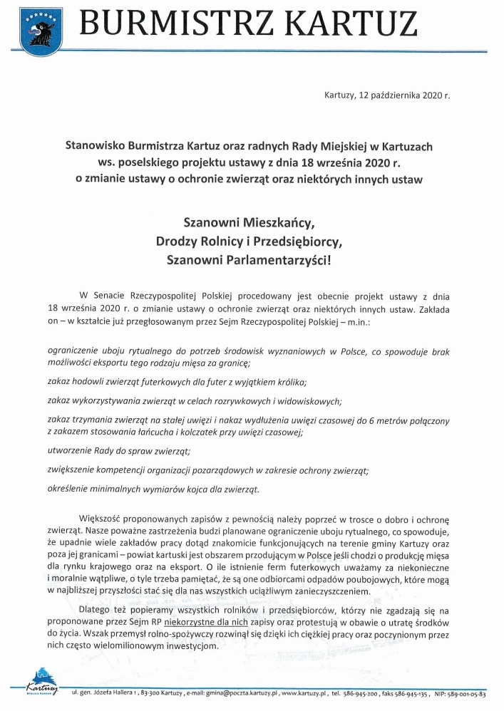 Stanowisko Burmistrza Kartuz oraz Rady Miejskiej w Kartuzach ws.ustawy o ochronie zwierząt  