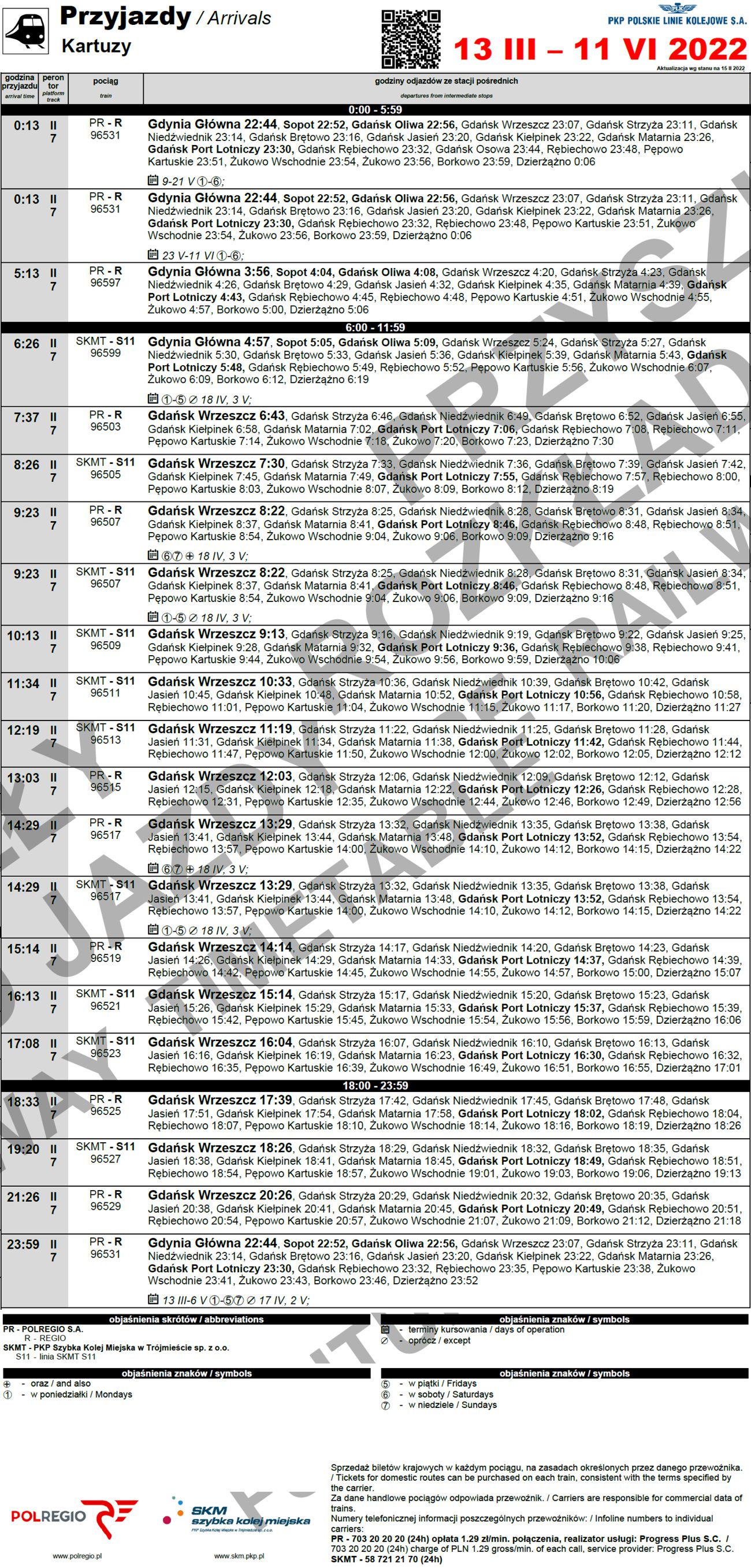 Rozkład przyjazdów pociągów (skan) obowiązujący w okresie 13 marca - 11 czerwca 2022.
