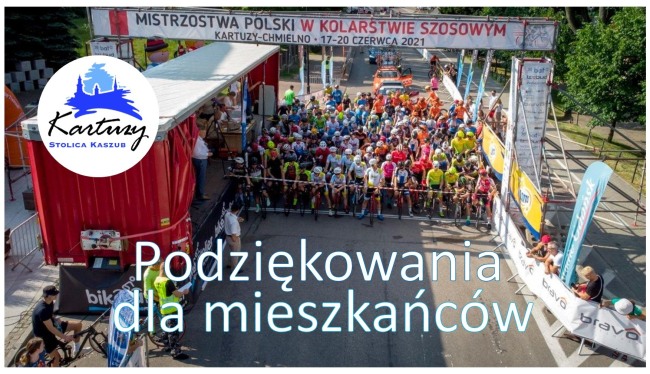 Zdjęcie ze startu zawodów, napis "Podziękowania dla mieszkańców".