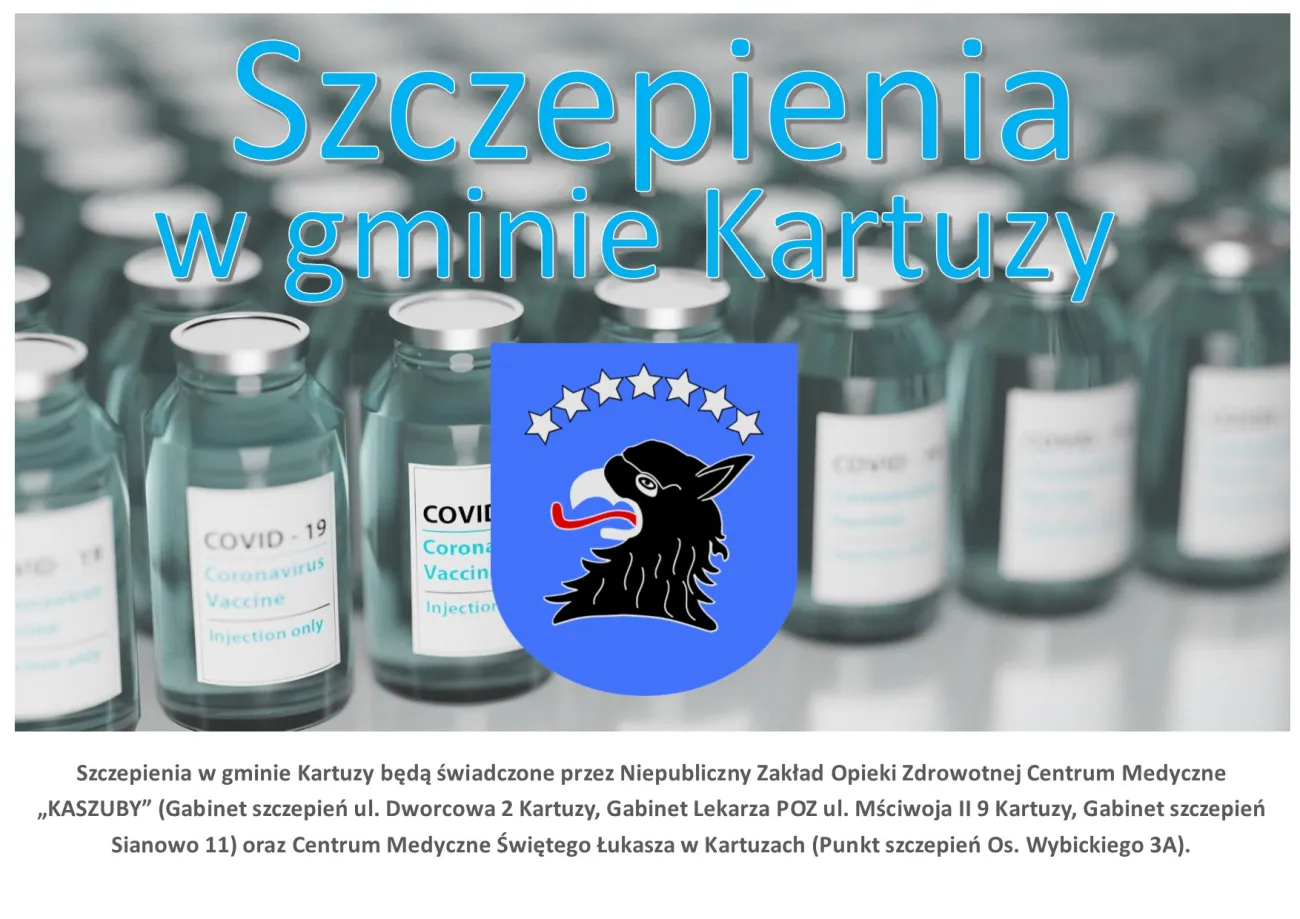 Szczepienia w gminie Kartuzy będą świadczone przez Niepubliczny Zakład Opieki Zdrowotnej Centrum Medyczne „KASZUBY” (Gabinet szczepień, ul. Dworcowa 2, Kartuzy, Gabinet Lekarza POZ, ul. Mściwoja II 9, Kartuzy, Gabinet szczepień, Sianowo 11) oraz Centrum Medyczne Świętego Łukasza w Kartuzach (Punkt szczepień, Os. Wybickiego 3A).