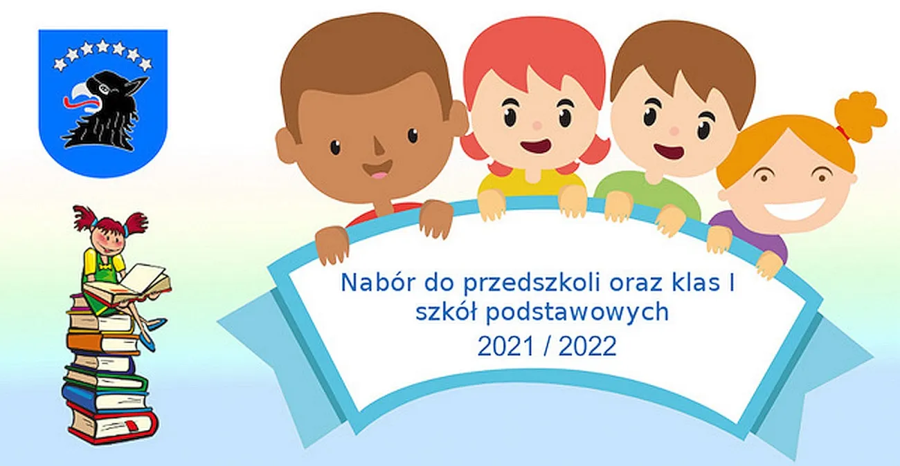 Grafika z symbolami czwórki dzieci trzymających baner z napisami: Nabór do przedszkoli oraz klas I szkół podstawowych 2021/2022