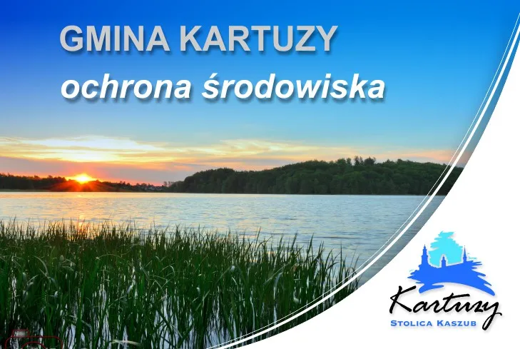 Widok na jezioro oraz napisy: Gmina Kartuzy - gospodarka odpadami